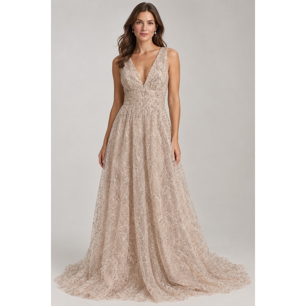 Donna Karan Sequin Mesh Gown Womens 8 Champagne Gala Luxury Designer Formal